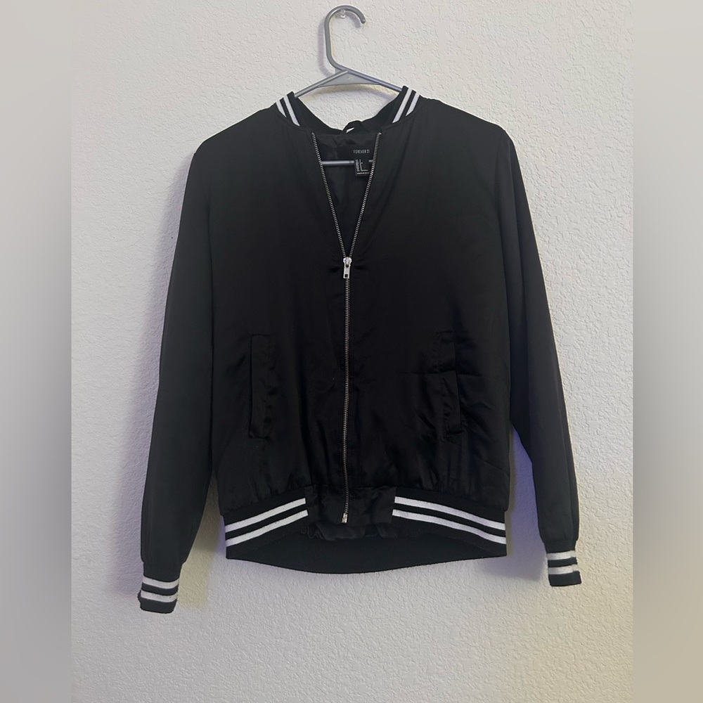 Forever 21 Black Bomber Jacket with Striped Trim - Size Small